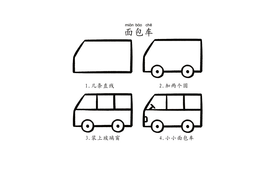 面包车,简笔画面包车怎么画, 面包车步骤分解,物品简笔画
